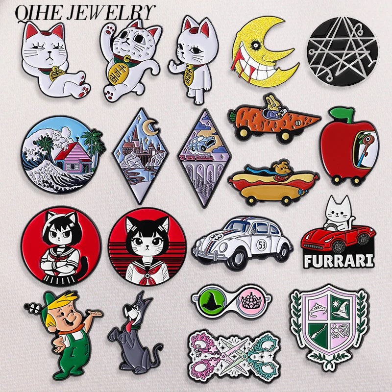 

1-3Pcs/Set Cartoon Anime Movies Character Brooch Enamel Pins Japanese Anime Luck Cat Magic Castle Car Brooches Lapel Badge Gift