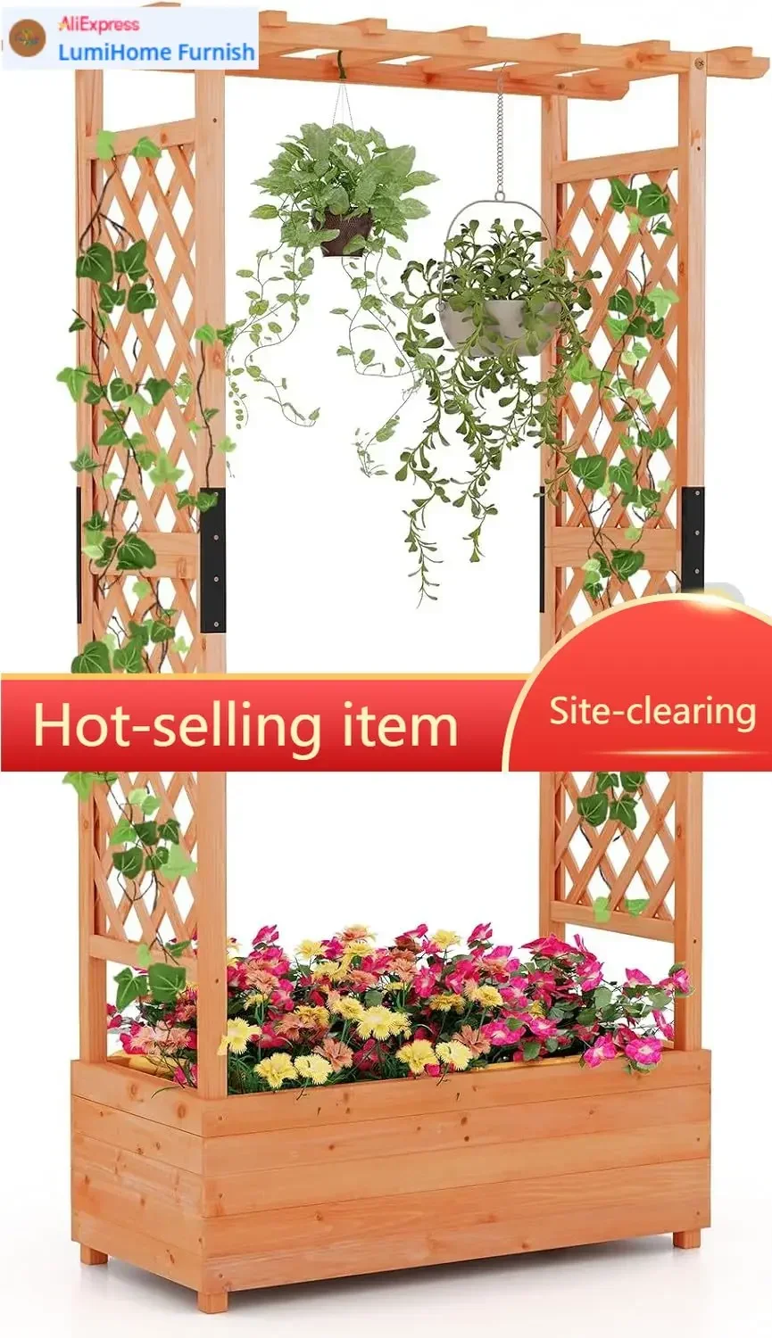 Hot SaleGiantex Raised Garden Bed With Trellis & Hanging Roof, Wood Planter Box With Bottom And Drainage Holes, Freestanding Gar