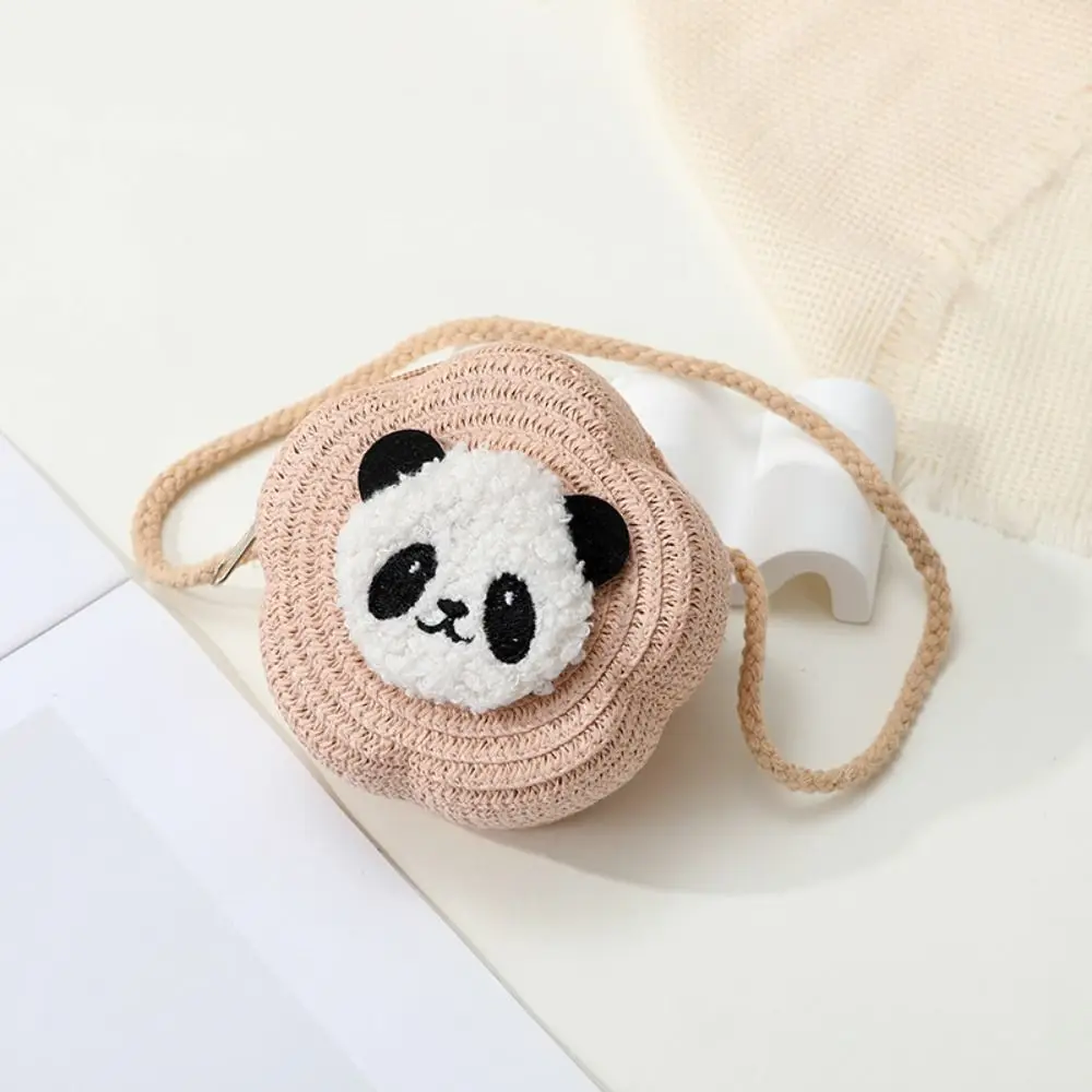 Saco tecido palha com design bonito panda, bolsa de ombro para viagens, criativa, cor sólida, bolsa de praia