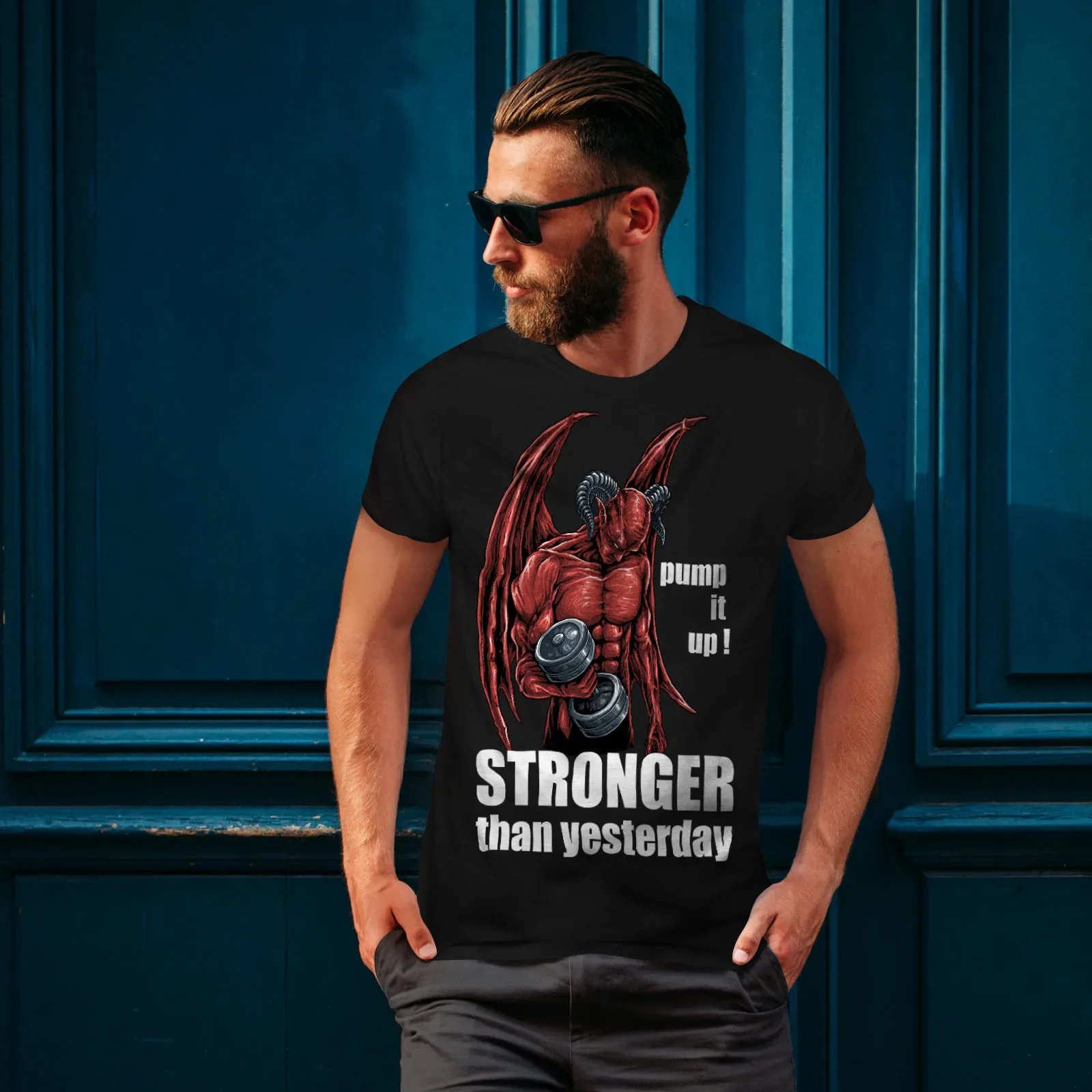Stronger Than Yesterday. Devil Satan Printed Gym Training T-Shirt. Summer Cotton Short Sleeve O-Neck Mens T Shirt New S-3XL