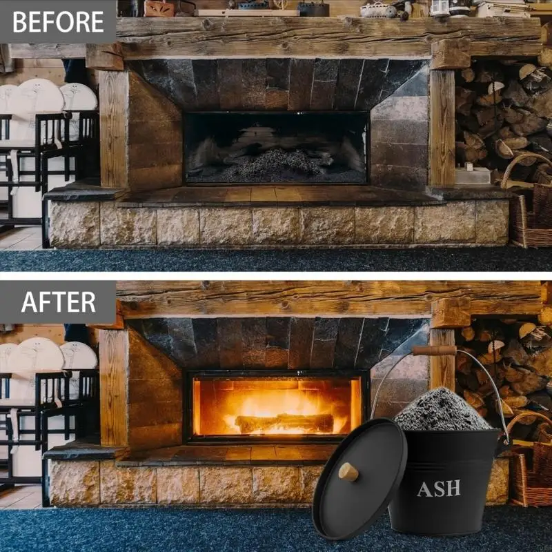 Fireplaces Ashes Bucket with Lid Sweeping Tool Hot Ashes Collect Bucket with Shovel and Brush For Indoor Outdoor Fireplaces A2BB