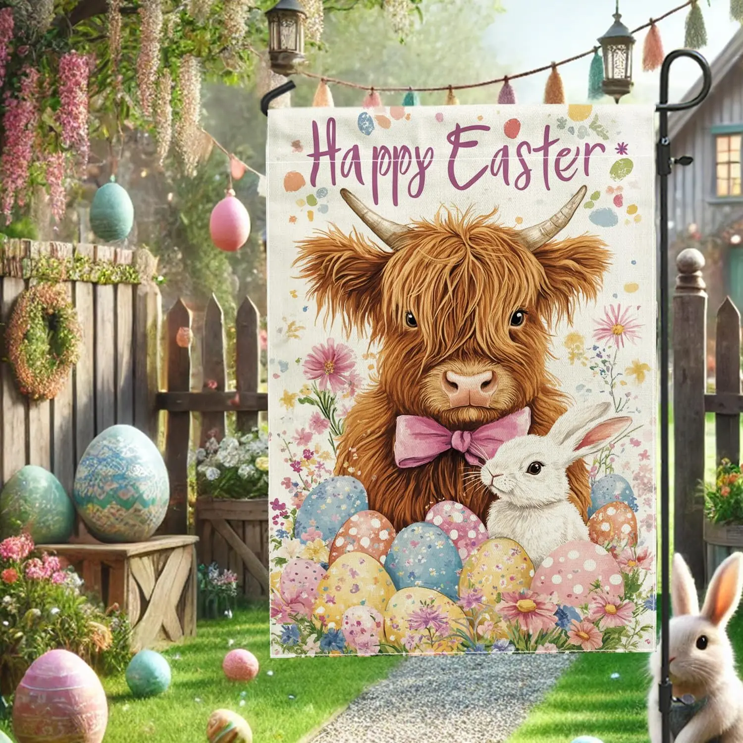 Happy Easter Highland Cow Garden Flag, Colorful Eggs Floral Home Decor Yard Flag, Double Sided Burlap Spring Outdoor Lawn De SSL