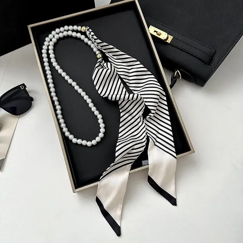 Modern Polka Dot Scarf Belt for Women with Pearls; Elegant Neck Ribbon with Stripes; Delightful Fluttering Ribbon.