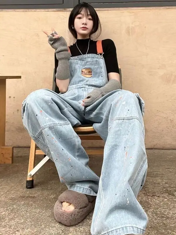 

Slimming Large Size Denim Overalls Women's Spring Autumn Faionable Vintage Paint Splatter Denim Bib Overalls for plus Size