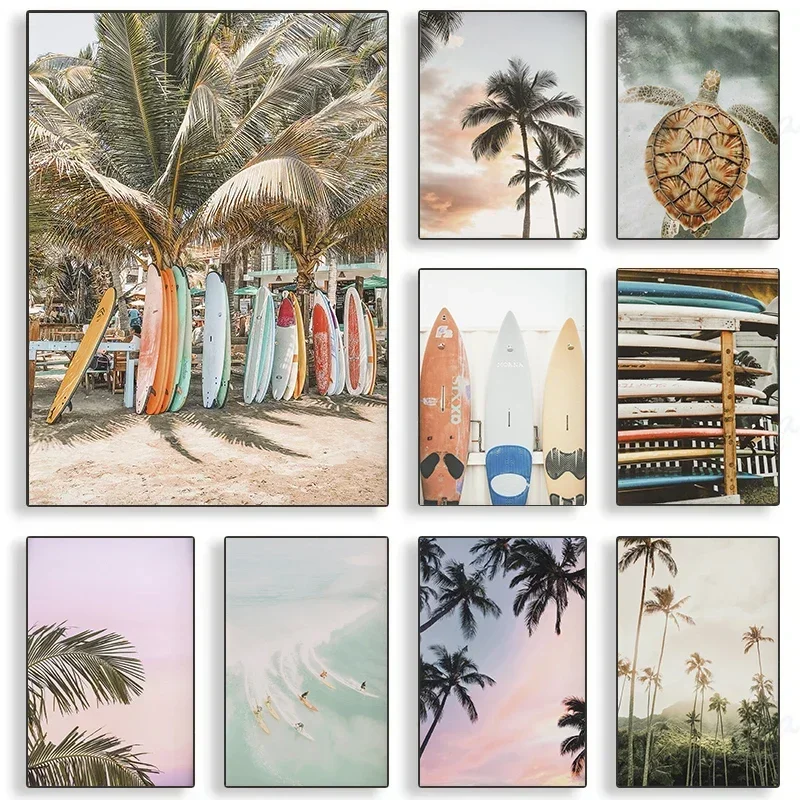 Tropischer Sommer Strand Muschel Palme Surfbrett Poster Druck Nordische Leinwanddrucke Wandkunst Bild für Surfclub Zuhause Deko