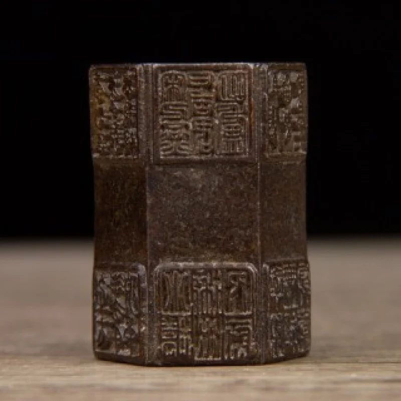 Brass Vintage Antique Hexagonal Stamp Small Ornament for Home Living Room Office Shop Desktop Decoration