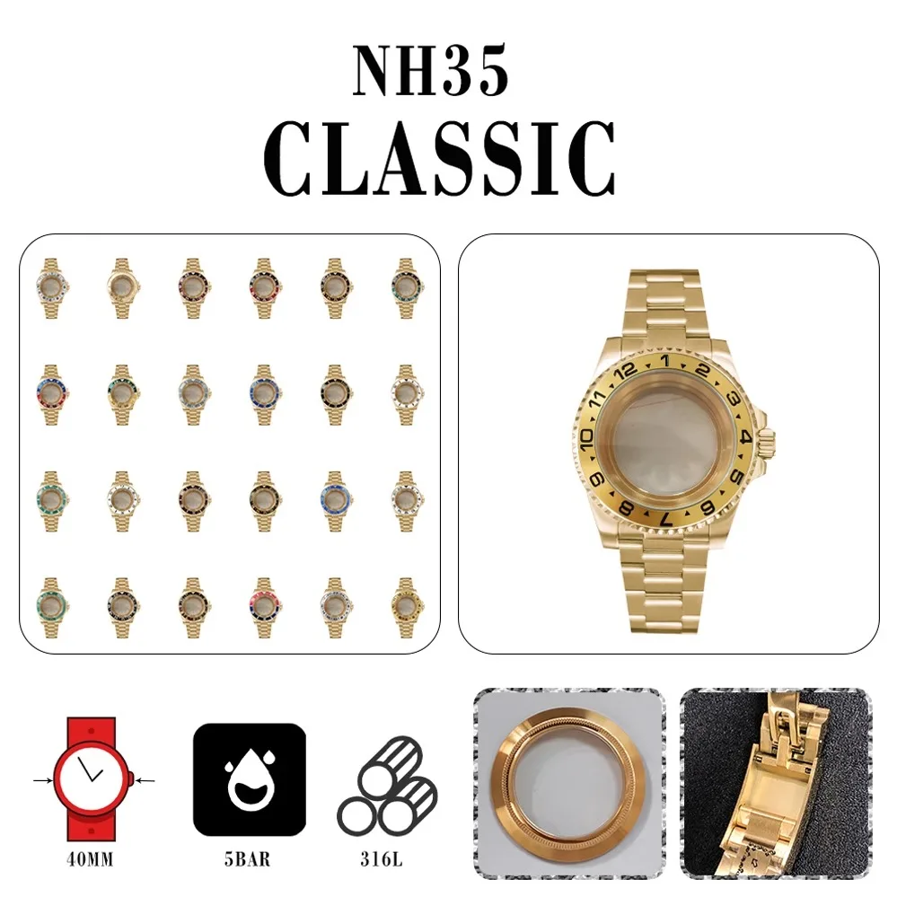 PVD gold-plated stainless steel case + strap 40mm Sapphire Mirror Compatible with NH35/NH36 calibres