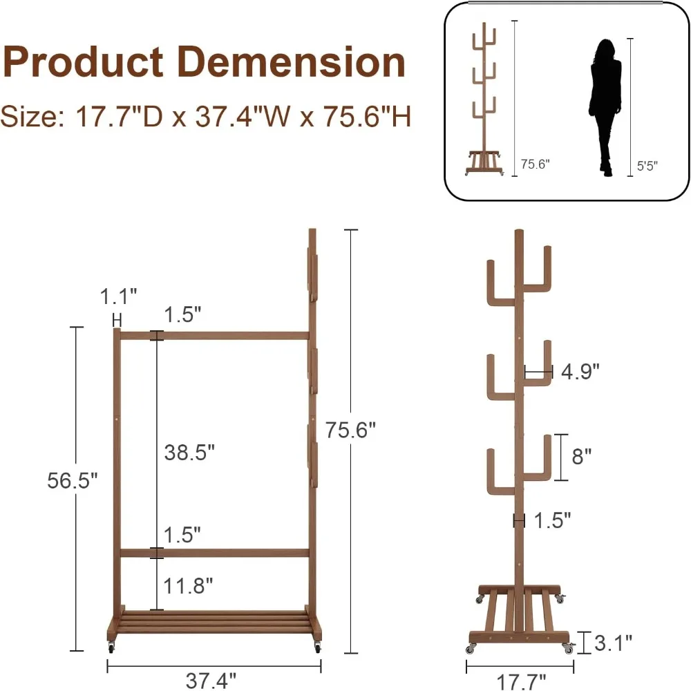 رف ملابس خشبي بعجلات وخطافات صبار، رف ملابس عالي التحمل بوزن 350 رطلاً مع رف، سهل التجميع، رف دوار