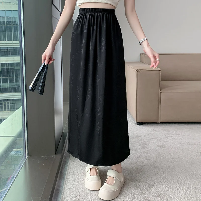 Seoulish กระโปรงผ้าซาตินแจ็คการ์ดสำหรับผู้หญิงกระโปรงมีจีบกลางเอวสูงสำหรับฤดูใบไม้ผลิและฤดูร้อน