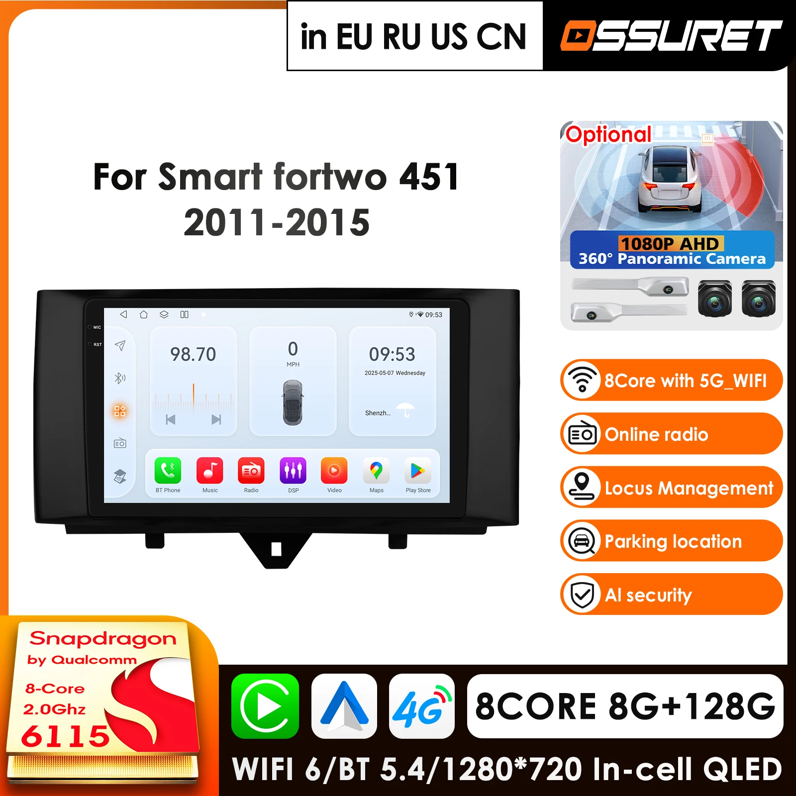 Carplay Android Auto 2Din Car Radio GPS for Smart Fortwo 2011-2015 Multimedia Video Player Navigation Stereo 9inch Autoradio DSP