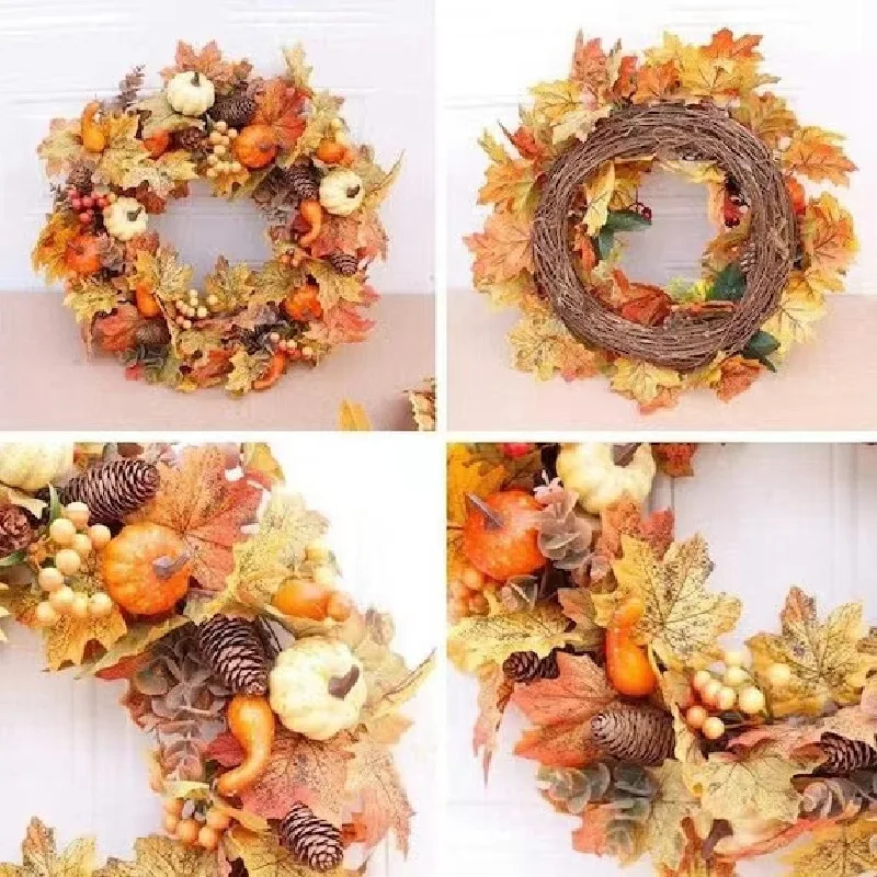 Golden Pumpkin Harvest Festival Flower Wreath Simulation Flower Wreath Hanging Decoration for Autumn Doors in the United States