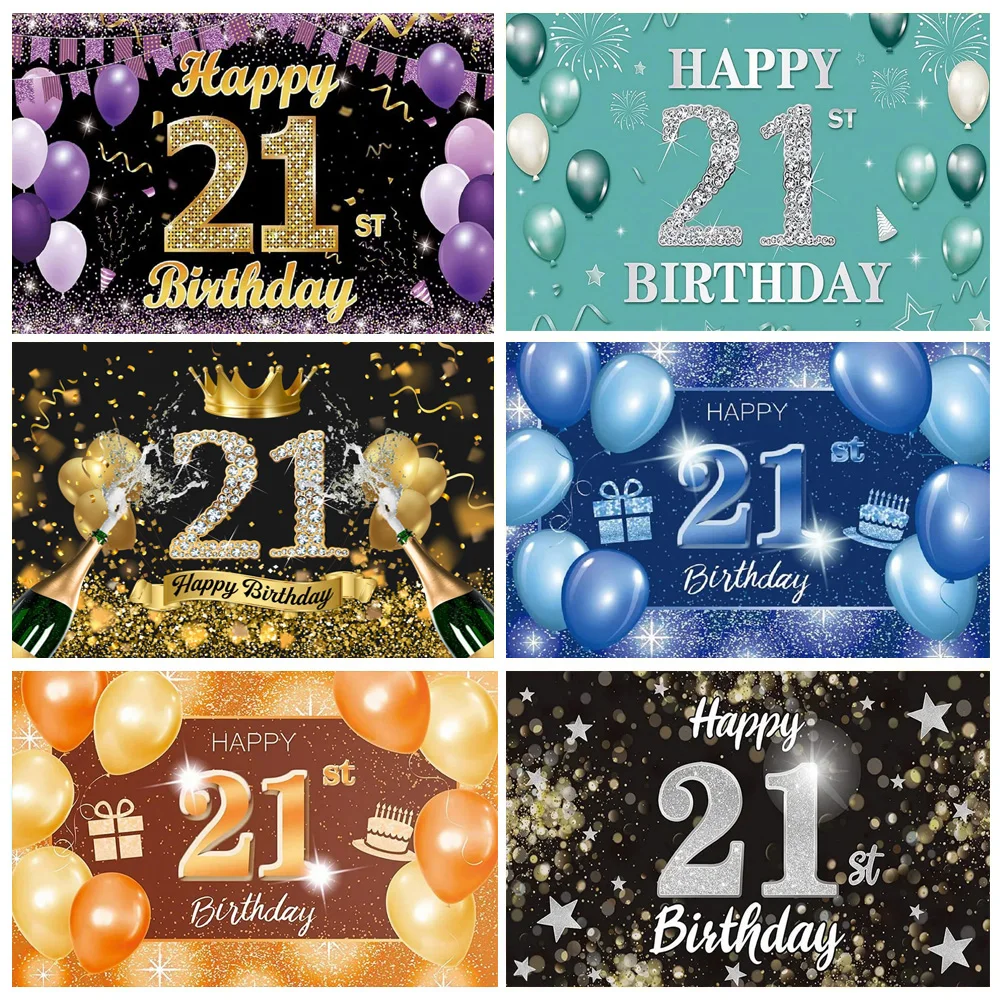 

Happy 21th Birthday Party Backdrop Banner Poster 21 Years Old for Girls Boys Black Gold Balloon Official Teenager Background