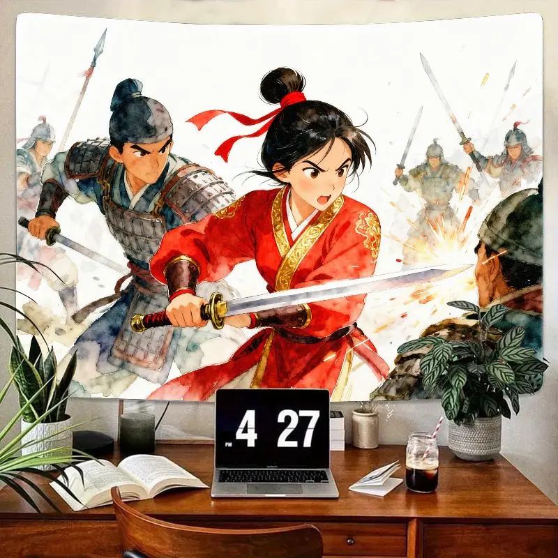 

1 шт., гобелен в стиле аниме-воина в стиле Мулан, динамическое китайское боевое настенное искусство, полиэстер, акварель, домашний декор для спальни, гостиной