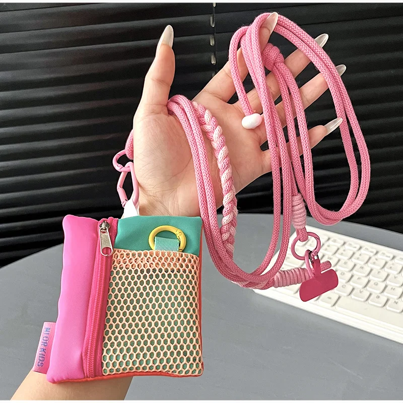 Color Block Mesh Mini Coin Purse with Adjustable Braided Lanyard Y2K Cute Card Holder Key Wallet for Girls