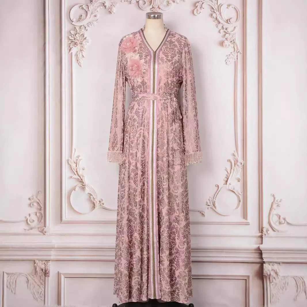 

Дубай Позолота Романтическое вечернее платье с цветочным принтом Стильное мусульманское платье с длинными рукавами и кисточками по индивидуальному заказу с v-образным вырезом Коктейльное вечернее платье Абая