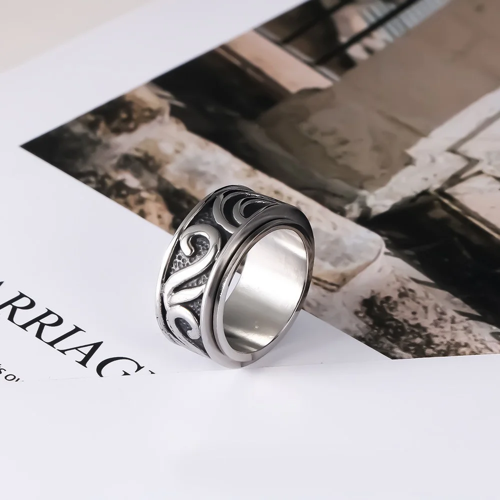 1Pcs Rotatable Retro Simple Men's Non-Fading Stainless Steel Ring Personalized Sun Flower Pattern Ring