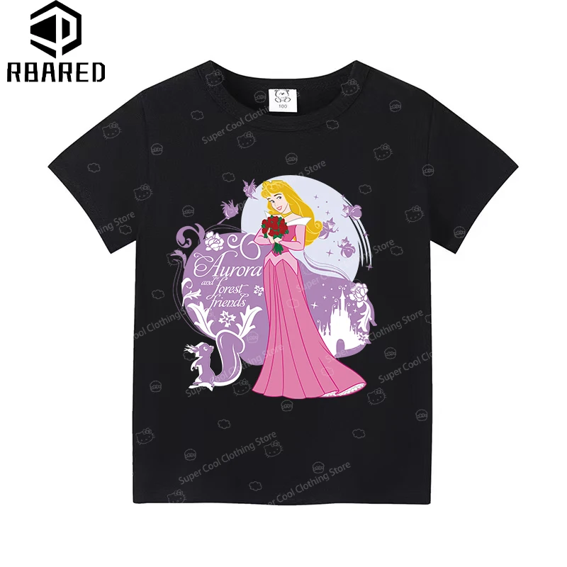 T-shirt per nuove ragazze estive 2024 Disney Rapunzel adatta per abbigliamento per bambini comodo abbigliamento per bambini in puro cotone al 100%