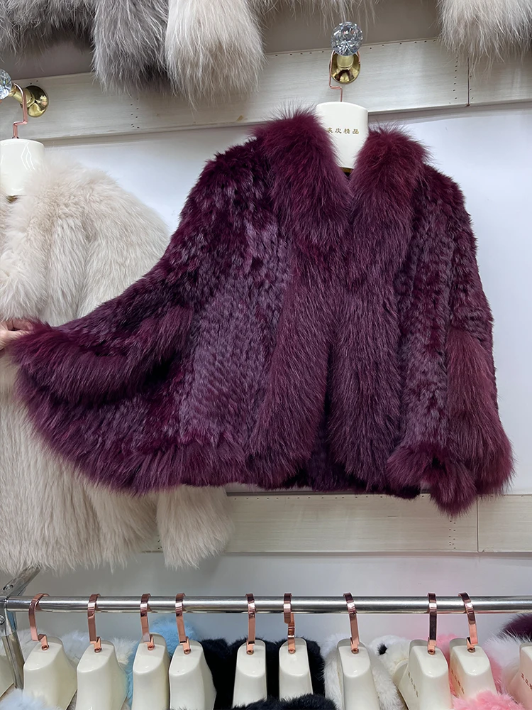 Chaqueta de piel de conejo 2024 Natural para mujer, abrigo tejido con cuello de piel de zorro Real, ropa de lujo