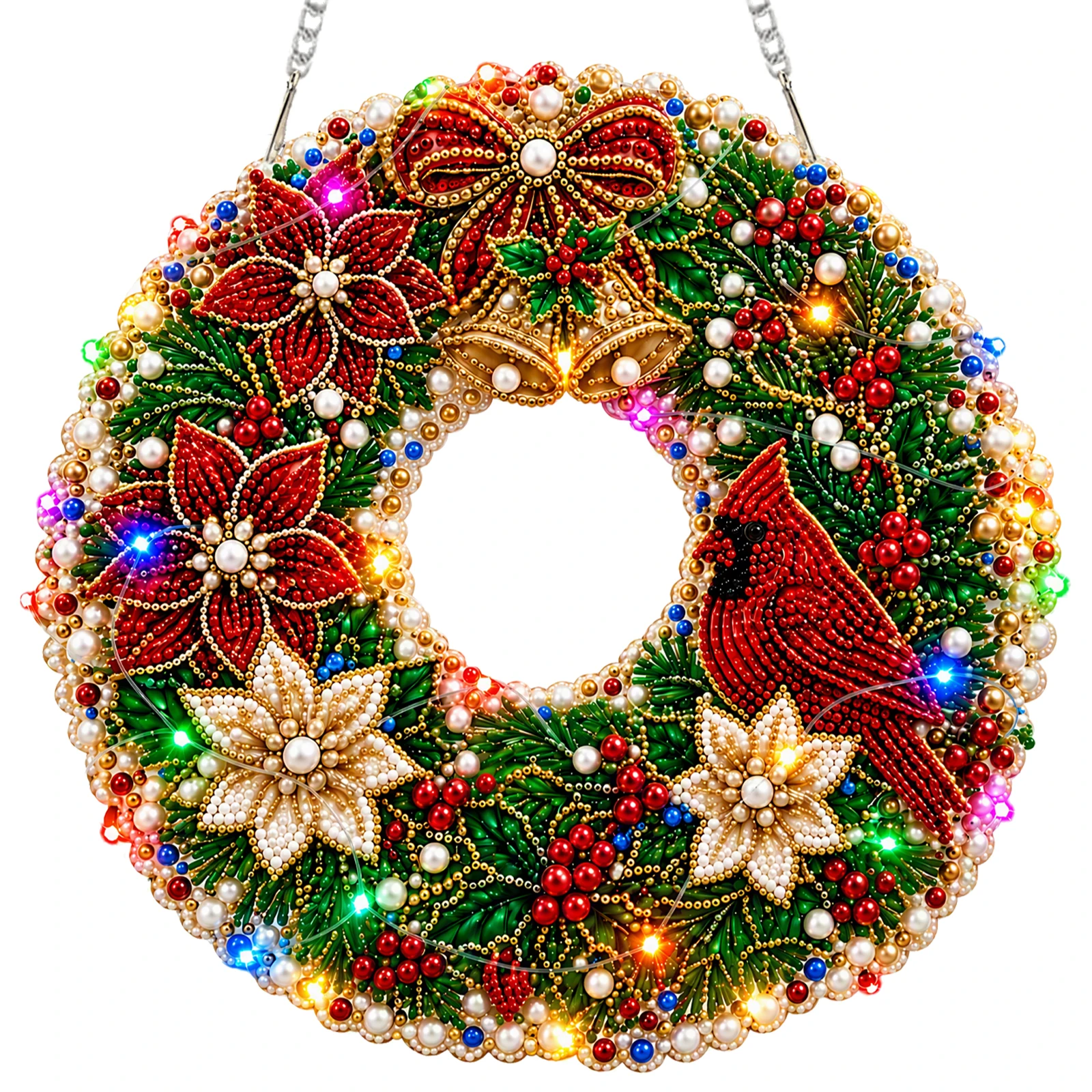 Christmas Diamond Painting Wreath Kit with LED Lights 9.8x9.8in DIY Holiday Wall Art Decor Set