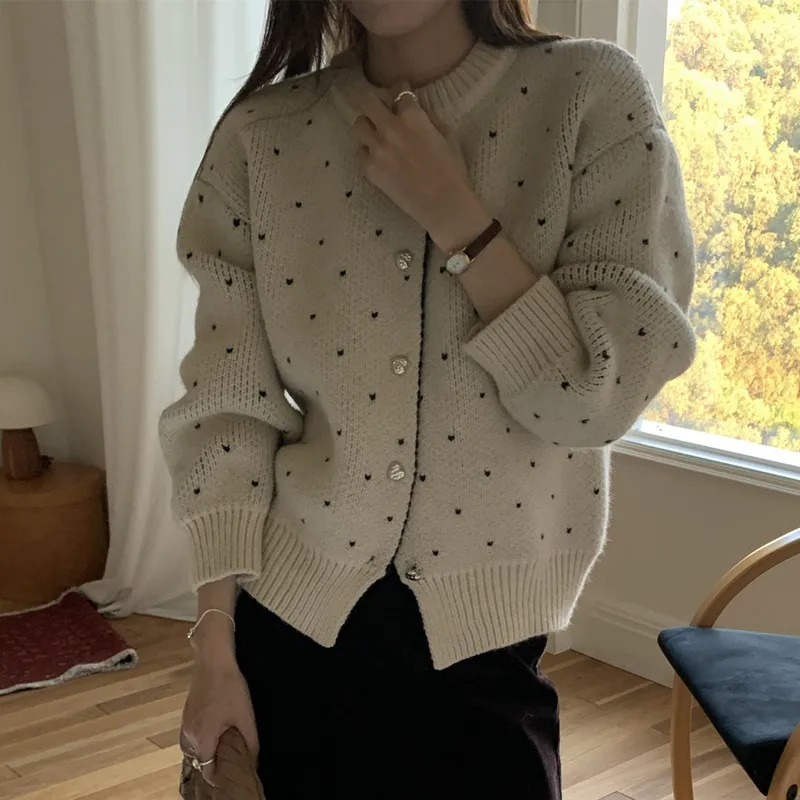 Französisch Stil Vintage Hearted-dot Verdicken Pullover Strickjacke Winter für Frauen Einreiher Weiche Gestrickte Outer Weibliche