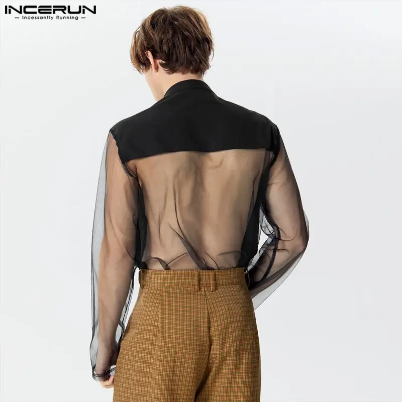 2024 Men\'s Irregular Shirt Mesh Patchwork Stand Collar Streetwear Long Sleeve Camisas Transparent Fashion Men Clothing INCERUN