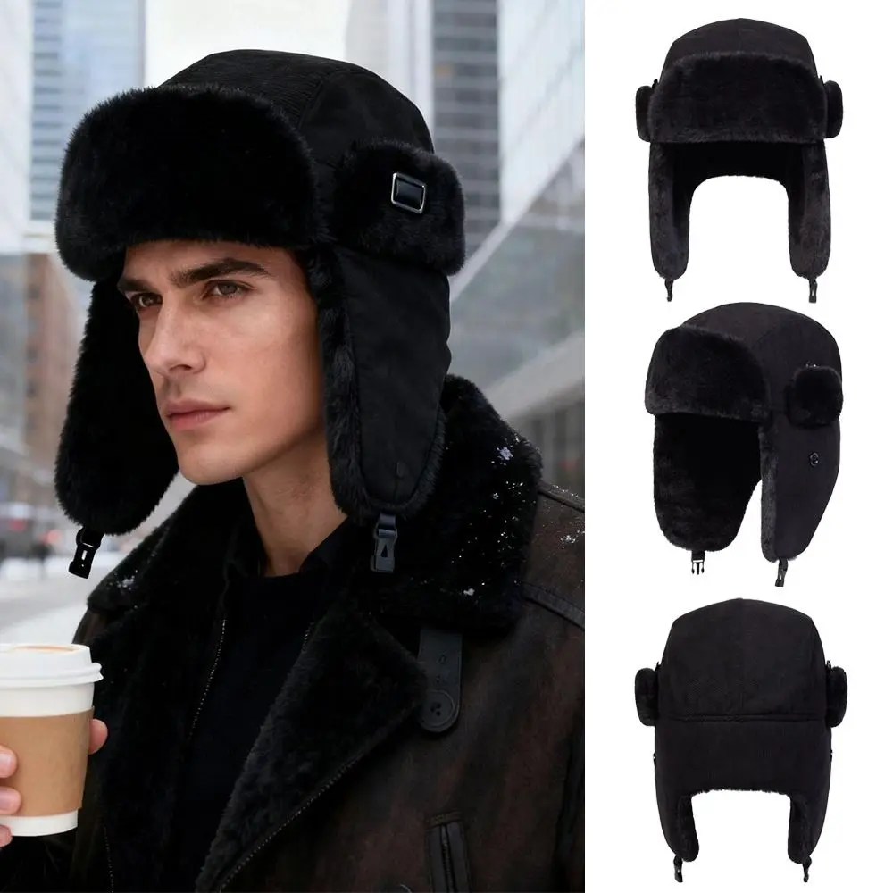 

Outdoors Thick Corduroy Lei Feng Hat Warm Windproof Earflap Hat Ear Protection Ushanka Fur Hat Bomber Hat for Men