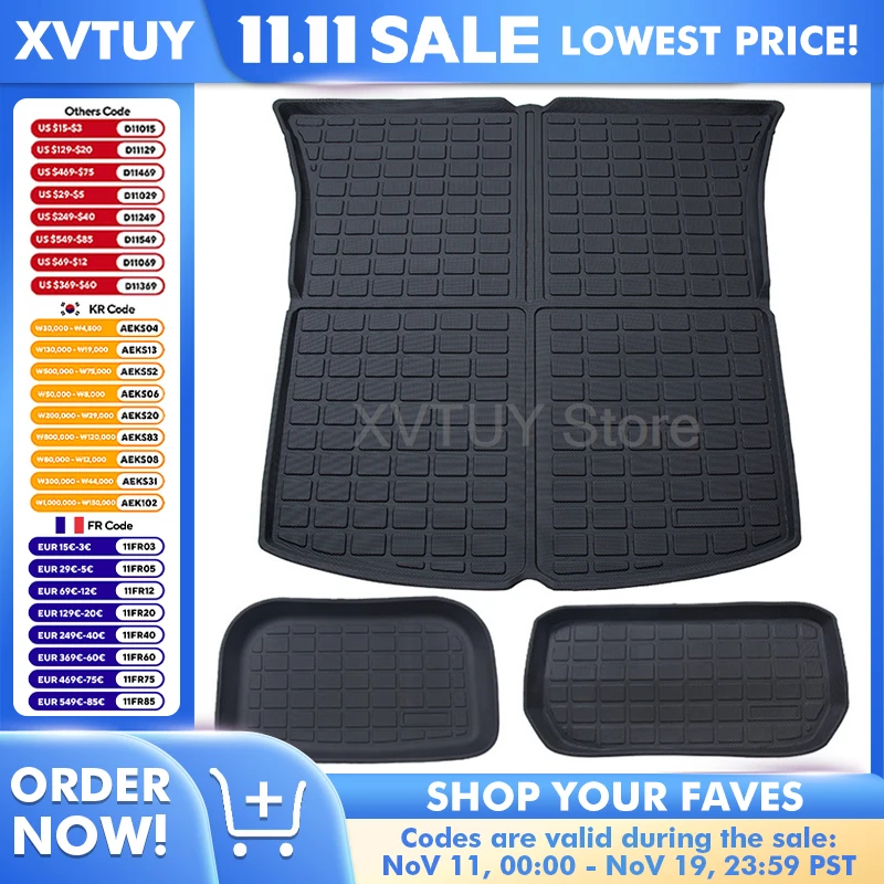 

For Tesla Model Y TPE Floor Mat All Weather Waterproof Luggage Pad Trunk Cargo Liner Cushion Accessories 3 Pcs Set Easy to Clean