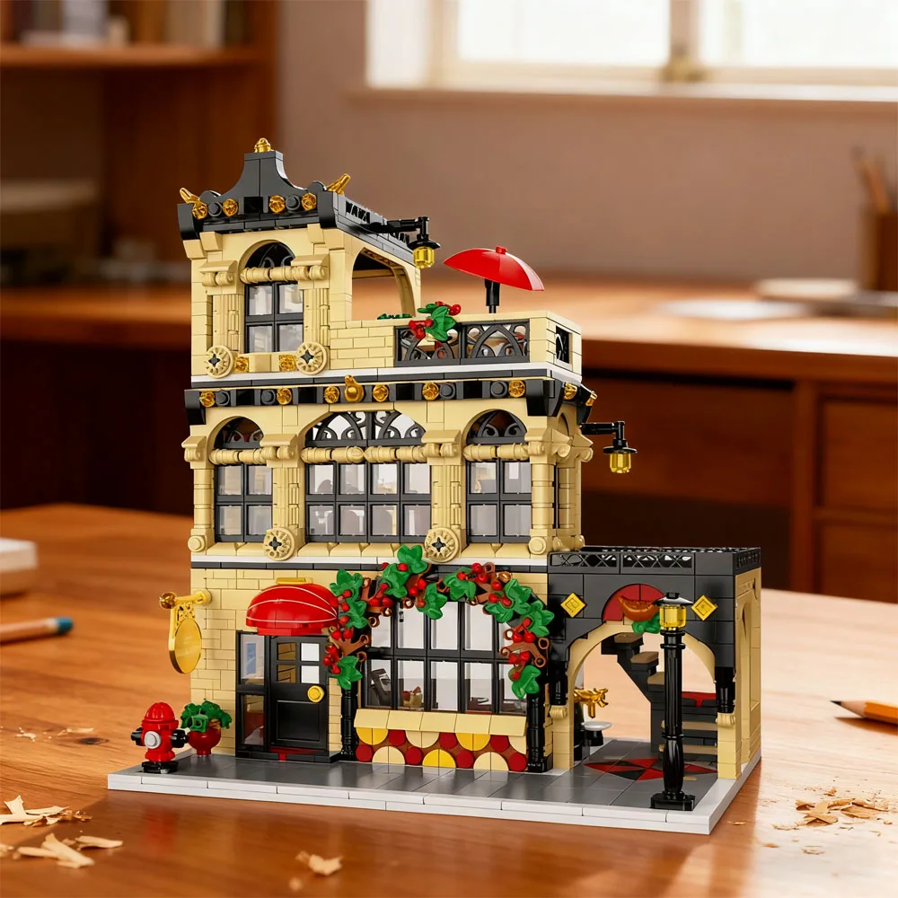 

Модель ресторана, блоки MOC 20114, серия Garden, город, вид на улицу, строительные кирпичи, модульная архитектура, идеи, набор игрушек, подарок для детей