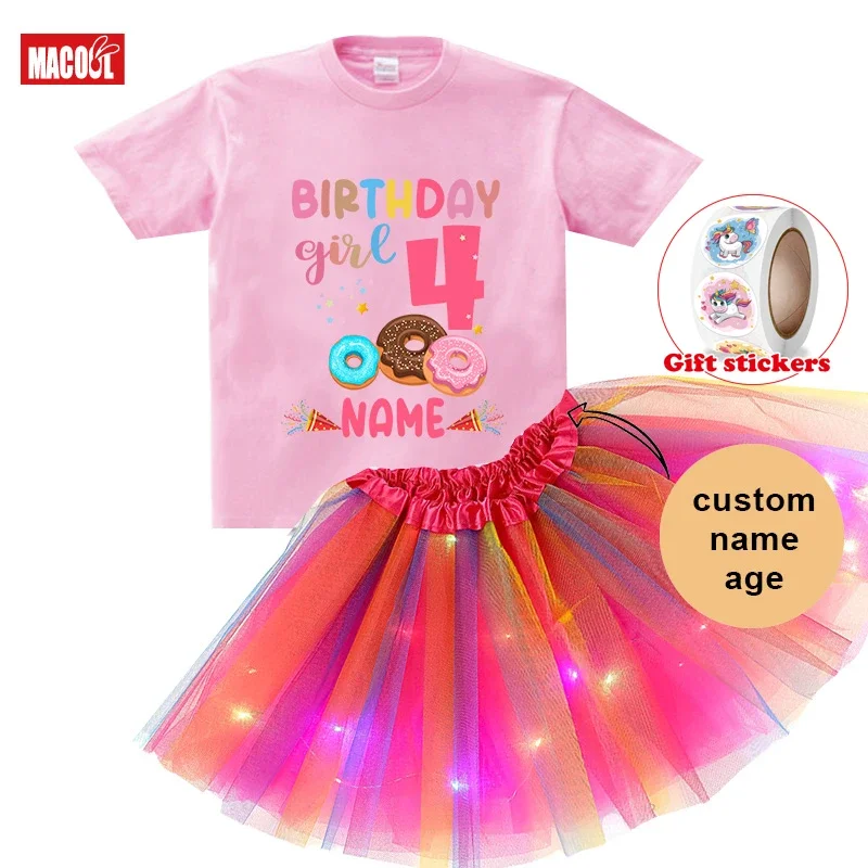 Girls Birthday Tutu Dress Set Doughnut Birthday Party Shirts Girl Kids Dress Set Party Light Christmas Dress T-shirt Child Suit