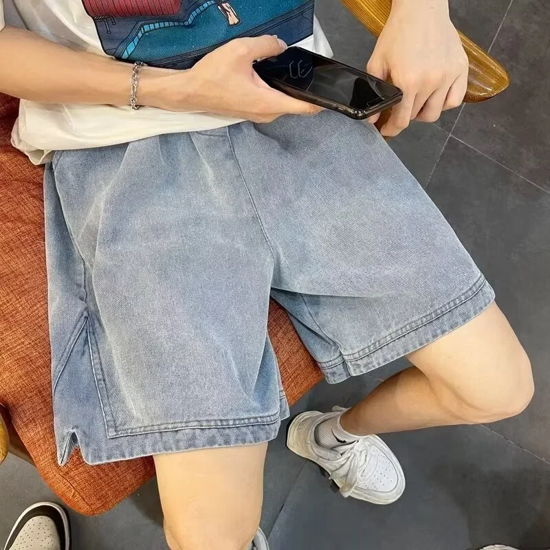 

Летние повседневные джинсовые шорты с боковым разрезом для мужчин, уличная мода, мешковатые джерсы, новинка 2025 года, синие короткие джинсы в стиле Харадзюку в стиле хип-хоп Y2K
