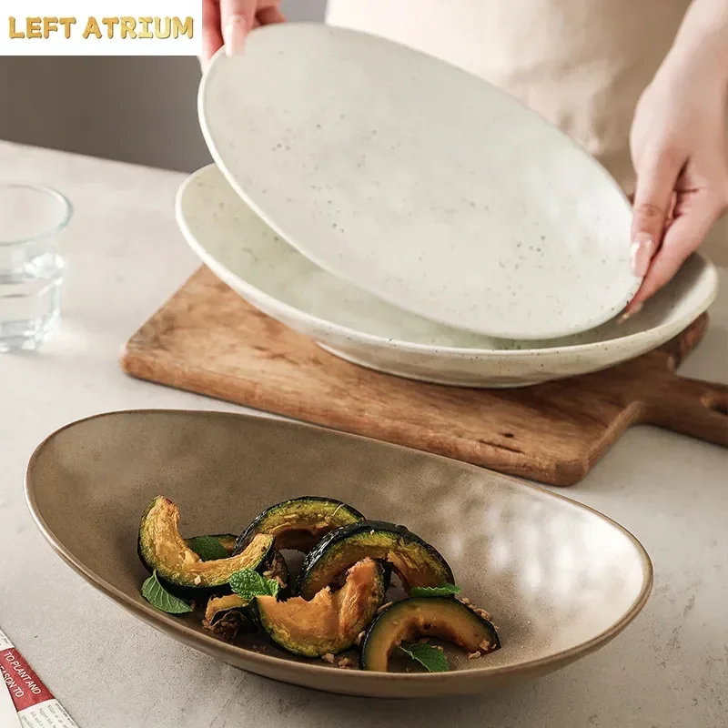 1PC Plate Japanese Retro Ceramic Tableware Household Oval Bowl Salad Plate Ship Type Restaurant Tableware