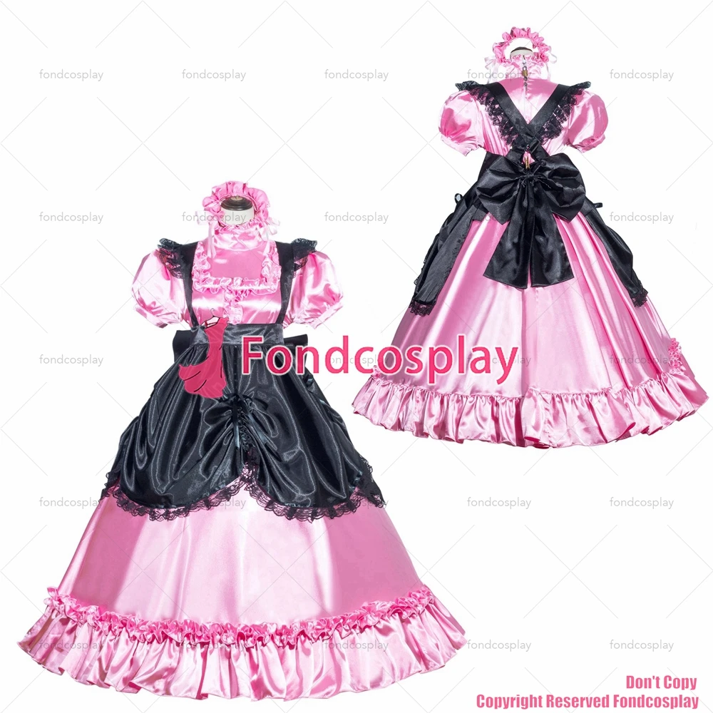 fondcosplay adult sexy cross dressing sissy maid long French Lockable Black Satin Dress pink apron CD/TV[G3995]