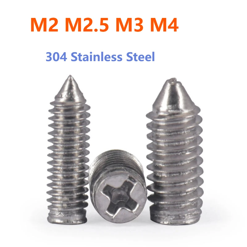 

M2 M2.5 M3 M4 304 Stainless Steel Cross Phillips Groove Pointed Locking Machine Screw Cross Cone End Headless Bolt