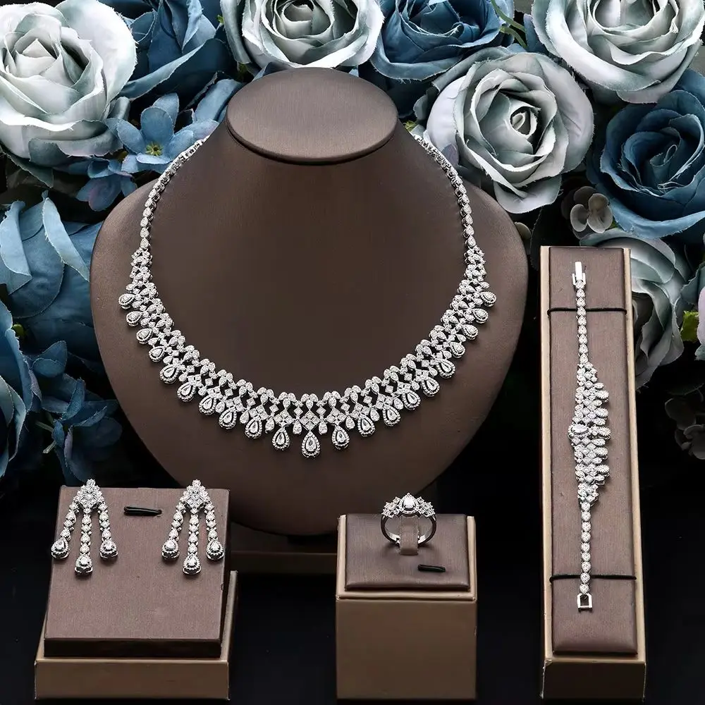 

Роскошный комплект свадебных украшений из 4 предметов для женщин, сверкающий цирконий, нигерийские аксессуары для невесты