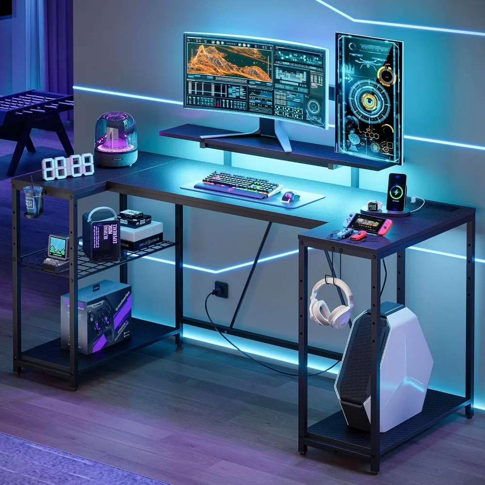 Gaming Desk with LED Lights & Power Outlets, 63 inch U Shaped Computer Desk with Monitor Stand & Storage Shelves