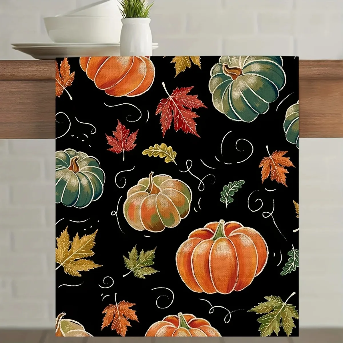 Colorful Pumpkin Pattern Linen Table Runners Autumn Thanksgiving Harvest Teal Maple Leaves Dresser Scarf for Dining Table Decor