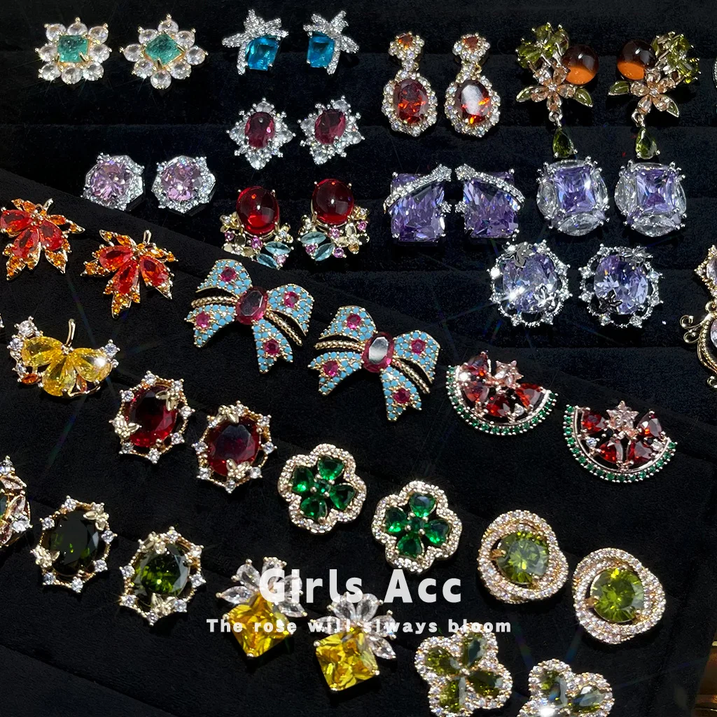 

High Quality Vintage Zircon Earrings Wholesale Sparkling Heavy Duty Color Gemstone Ear Studs Retro Elegant Style Jewelry Gift