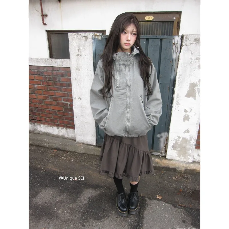 

Корейская ретро-юбка с рюшами, свободного кроя, до колена, женская, весна 2026, новая, уличный стиль, с высокой талией, однотонная, повседневная, А-силуэт