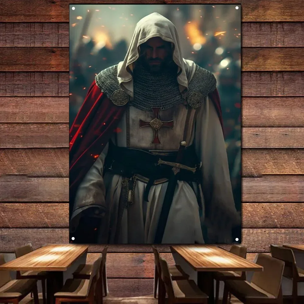Knights of templar Wall Art Posters Canvas Painting Armor Warrior Crusaders Flag & Banner Tapestries Home Decor Hanging Posters