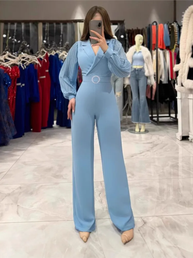 Jumpsuit ramping elegan baru pakaian terusan kaki lebar lengan panjang Ruched Lapel kasual mode wanita pakaian satu potong trendi dengan sabuk