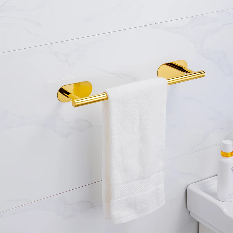 YCRAYS No Drilling Bright Gold Bathroom Accessories Sets Toilet Tissue Roll Paper Holder Towel Rack Bar Ring Robe Hook Hardware