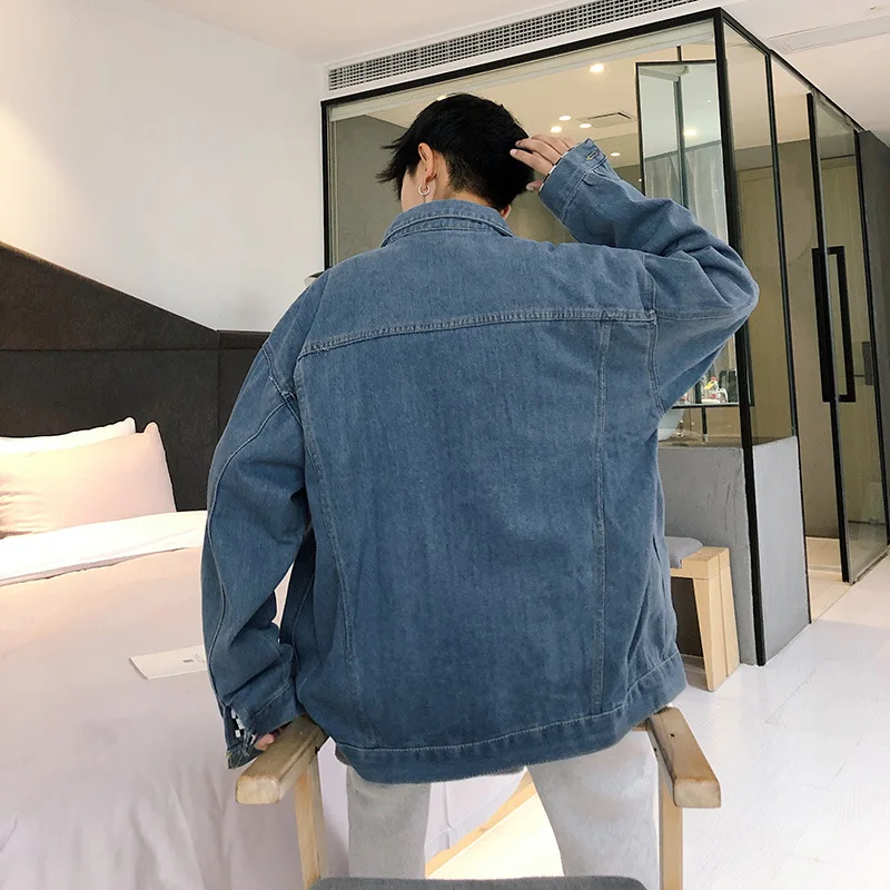 

TRSYPHXM Autumn men's trendy brand denim jacket men's loose Korean version long sleeved solid color jacket hip-hop youth student