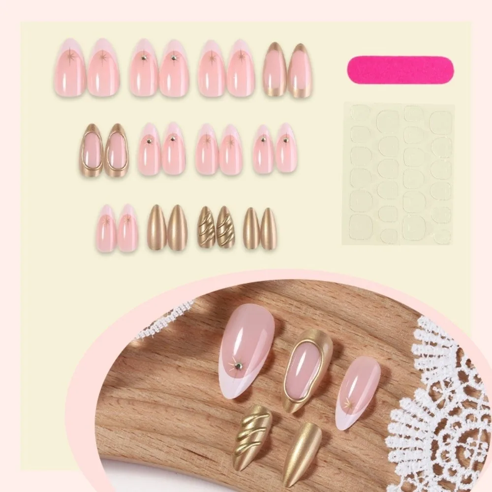 24Pcs New Detachable False Nail Rhinestone Wearable Press on Nails Full Cover with Polka Dot Nail Tips Women