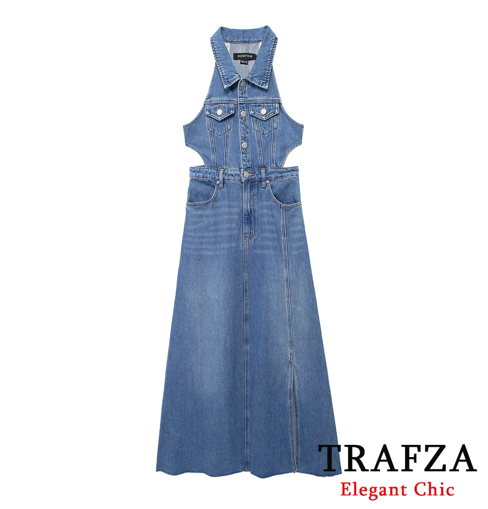 TRAFZA Elegant Denim Cutout Sleeveless Dress Women's Buttons Pockets Long Dress New 2024 Summer Fashion Holiday Glamorous Dress