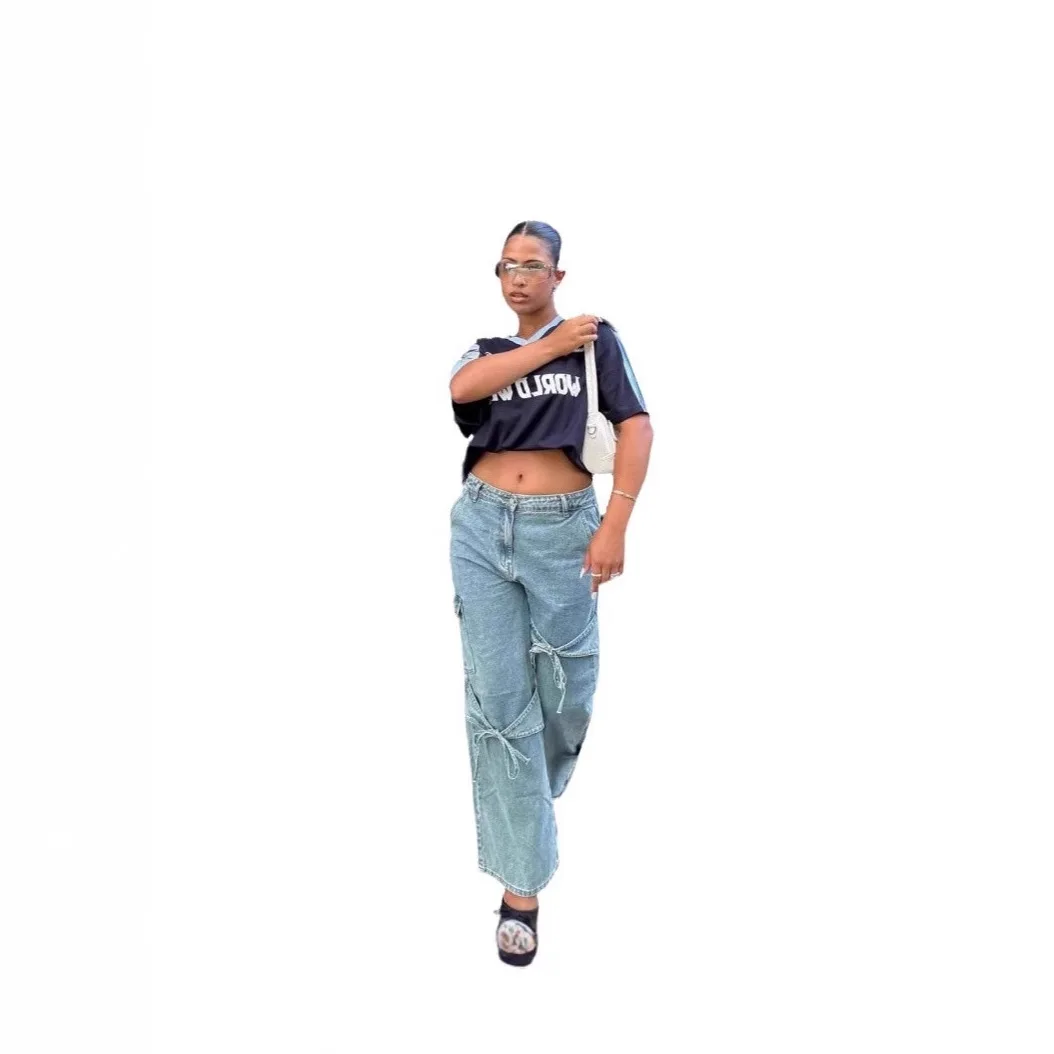 

Y2K American Sle Loose Women's Denim Pants Knot Patchwork Straight Leg Long Trousers Ins Sle Trendy Vintage