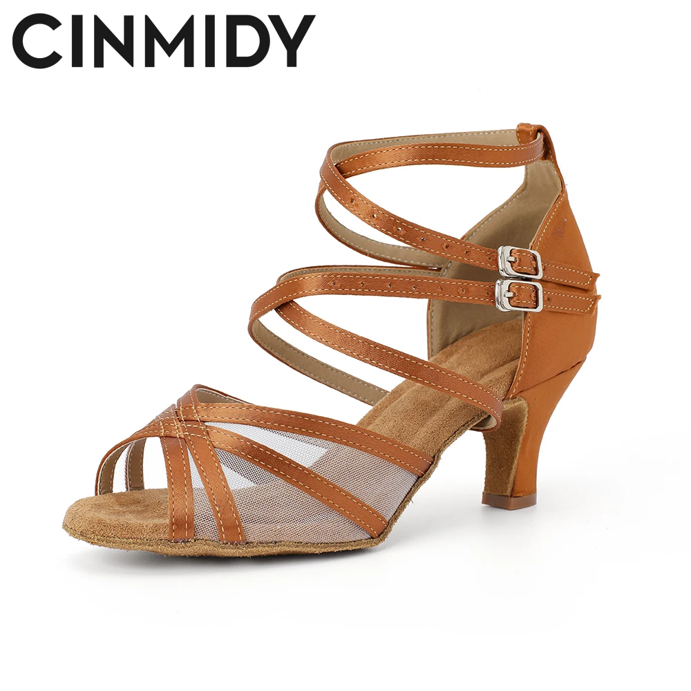 

CINMIDY Brown Silk Satin Dance Shoes Soft Bottom Mesh Salsa Tango Latin Dance Shoes Ballroom Party Sandals Women's Wedding Shoes