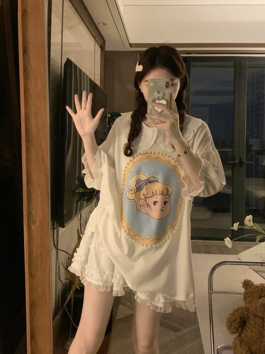 

Korean Sle Sweet Cartoon Print Doll Collar Splicing T-irt Heavy Work f Sve Pearl Women's Summer Top Faion Commute