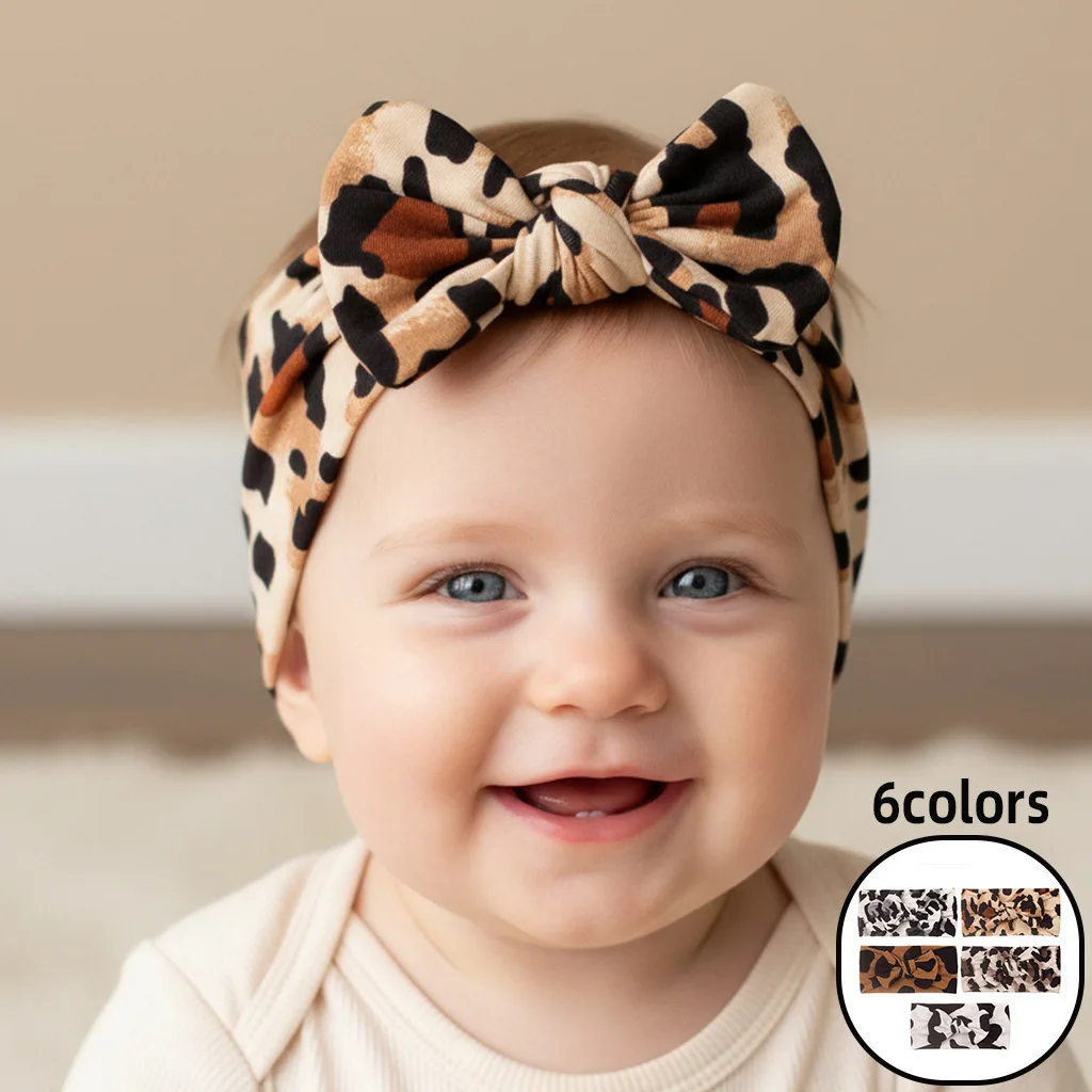 

Cute Kids Animal Print Headband Leopard Bow Design Wide Elastic Head Wrap Cute Hair Accessory for Babies