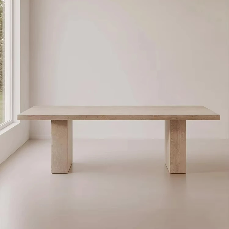 

Modern Beige Travertine Dining Table Set Natural Stone Furniture for Bar and Living Room Beige Marble Dining Table