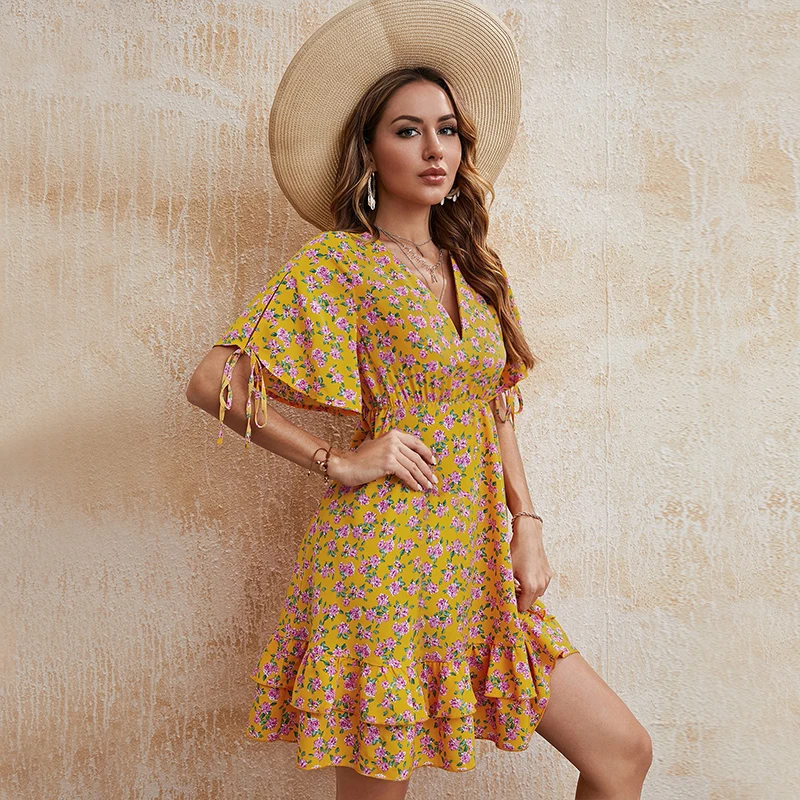 Women's Summer Short Dresses Fashion Urban Office Vacation Clothes Chiffon Yellow Short Sleeve V Neck Floral Print Flower Dress